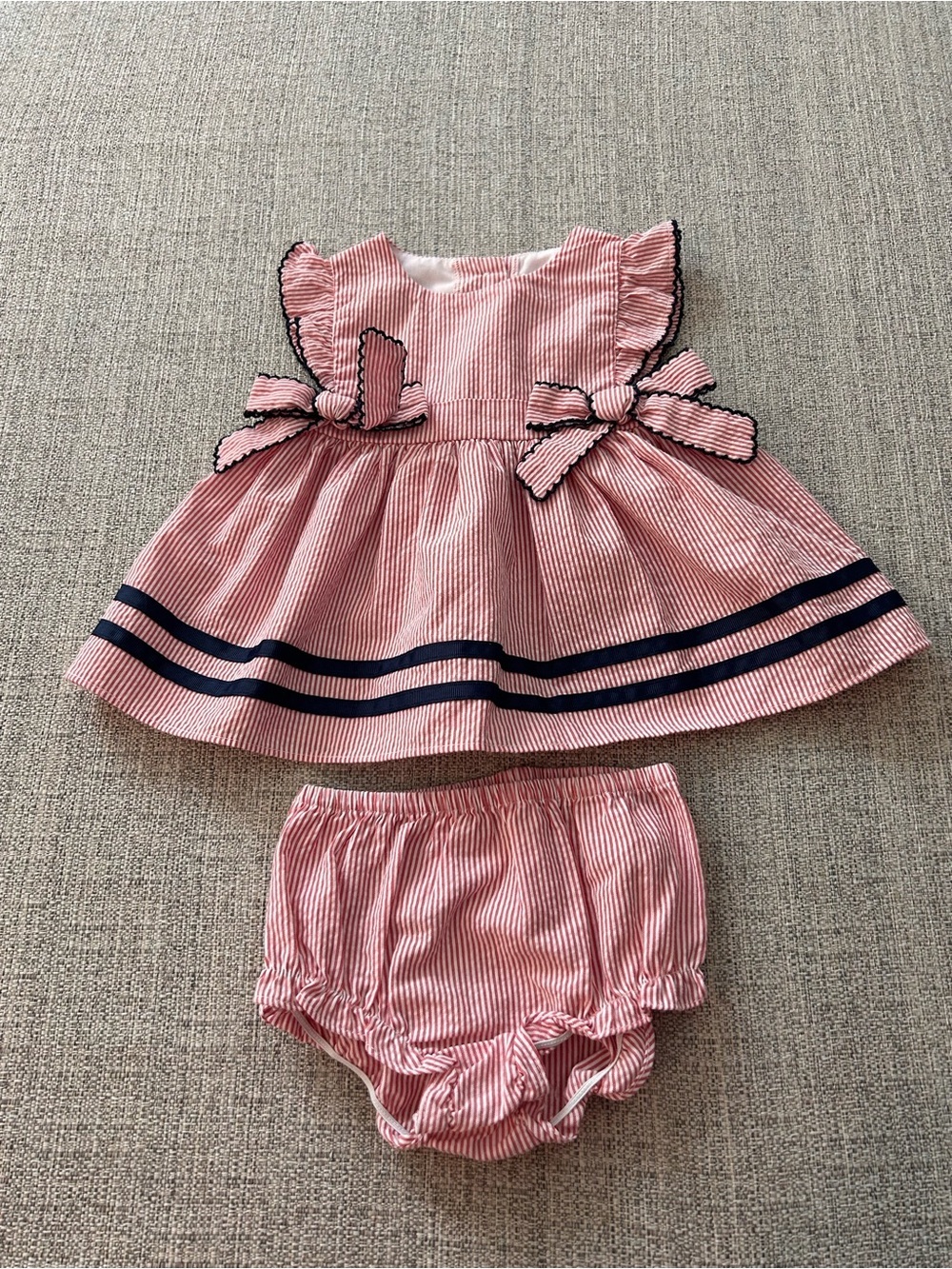 Starting Out Red & Navy Striped Dress with Matching Bloomers. Size 0-3M